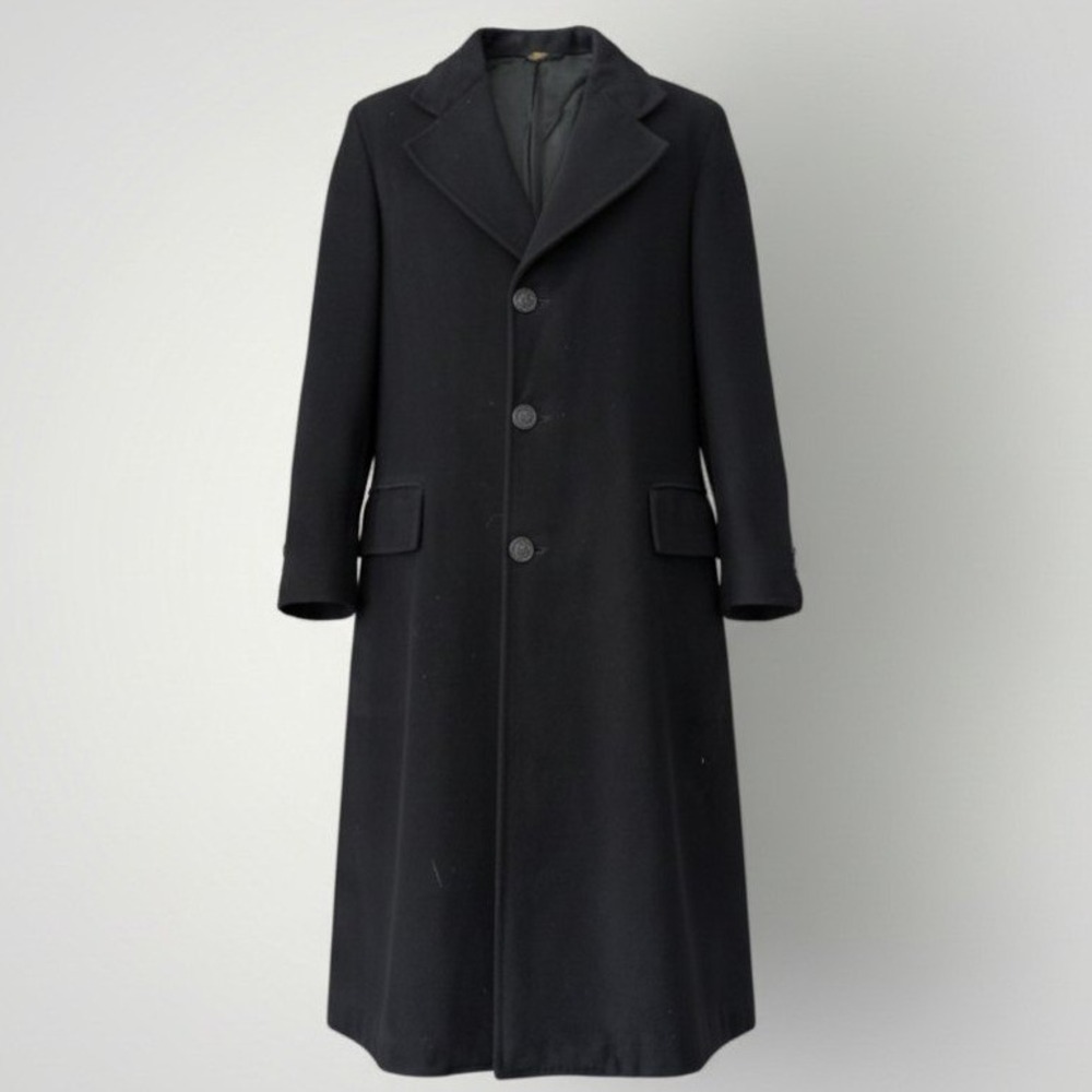 Black Diamond Cashmere Overcoat Vintage Men 44 Black Long Trench 80s USA ACTWU